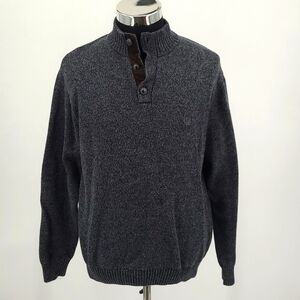 Chaps Mens Charcoal Gray Cotton Marl Mock Neck Button Sweater Elbow Patches XL